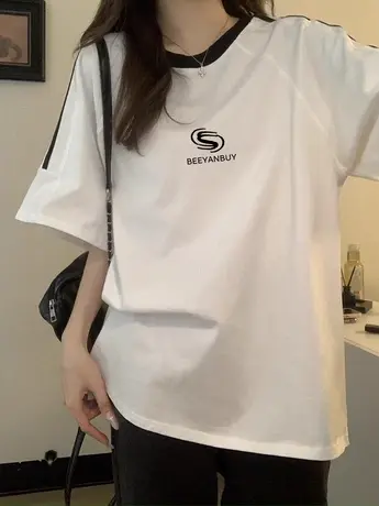 国潮美式复古三条杠插肩纯棉短袖t恤女夏宽松韩系设计感小众上衣图片