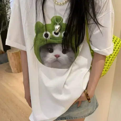 韩国东大门夏季新款卡通猫咪印花圆领短袖T恤美式宽松慵懒风上衣图片