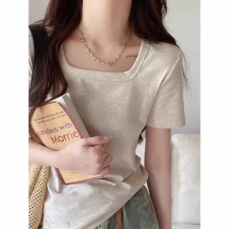 正肩短袖t恤女2025新款夏装修身显瘦半袖打底衫纯欲方领上衣潮ins商品大图