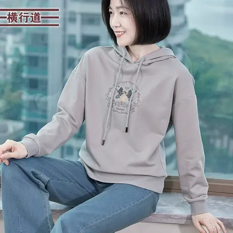休闲宽松连帽绣花套头上衣卫衣纯色带帽衫春装2025新款长袖女士图片