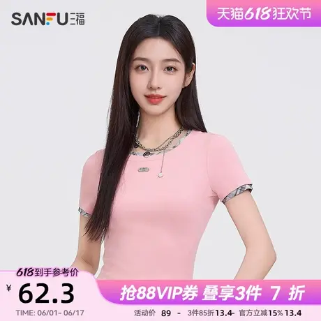 三福短T恤2025夏季街潮格子拼接圆领后背镂空上衣女装498526图片