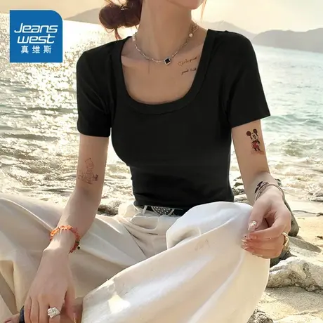 KMV真维斯黑色短袖t恤女2025夏季新款方领紧身辣妹小个子显瘦体恤图片