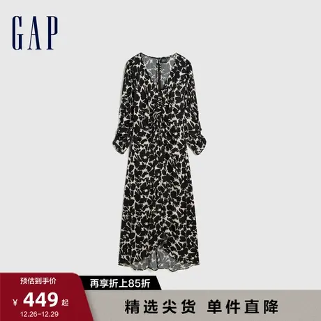 Gap女装早春法式气质印花V领长袖连衣裙时尚复古泡泡袖洋装792429图片