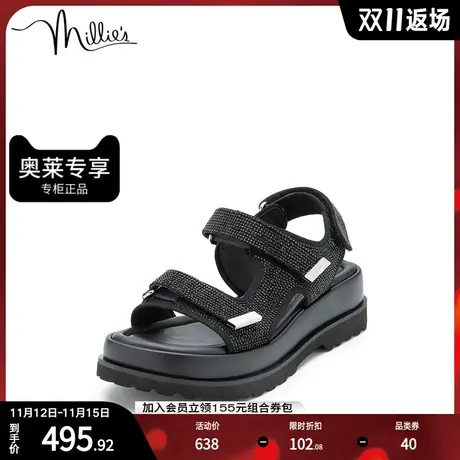 millie's妙丽夏商场同款时尚烫钻休闲厚底女凉鞋SFB07BL2商品大图