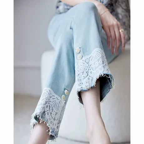 宝诗黎蕾丝拼接九分牛仔裤女2025夏季洋气百搭显瘦大码休闲直筒裤图片