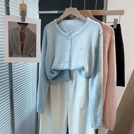 马海毛圆领毛衣女外套女2025春秋新款宽松外穿上衣镂空针织开衫潮商品大图