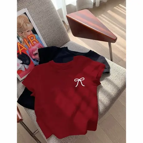 版型真的绝绝子！安可拉红正肩短袖t恤女夏季新款蝴蝶结印花上衣商品大图