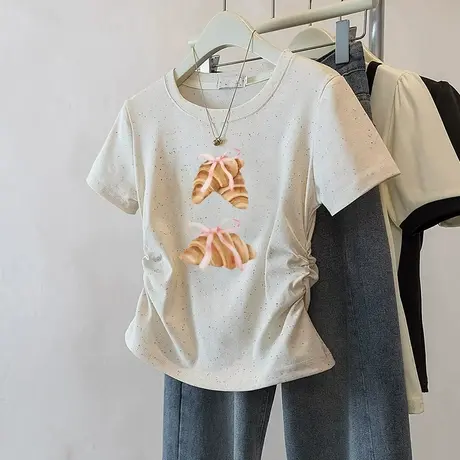 浅杏色虹波点褶皱收腰短款t恤女新款夏季甜妹风彩洋气短袖上衣服商品大图