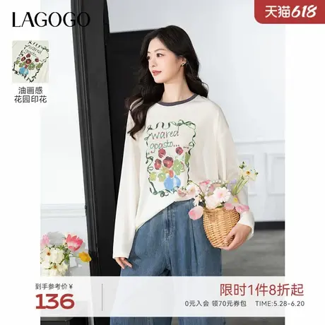 LAGOGO印花落肩休闲长袖T恤女拉谷谷2025年春季新款微透轻薄打底商品大图