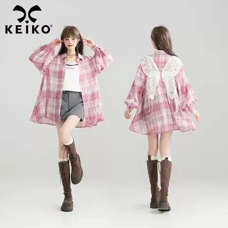 KEIKO [蝴蝶绣] 轻盈微透粉色格子衬衫女25春夏出游防晒长袖上衣图片