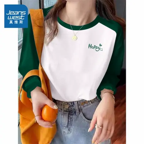 KMV真维斯早秋上衣2025新款爆款插肩撞色长t恤休闲宽松女装长t恤商品大图