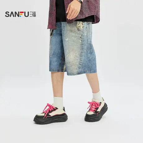 三福2025夏季男士仿牛仔中裤 街头时尚宽松直腰七分裤男502383图片