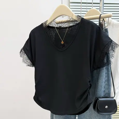 夏季2025新款蕾丝花边拼接短袖T恤女韩版宽松褶皱收腰半袖上衣潮图片