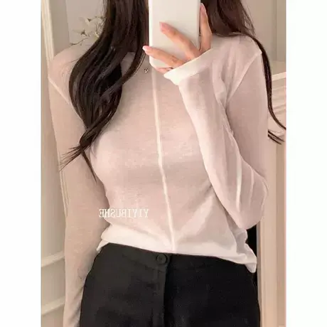 现货 东大门PJ168软fufu纯欲上衣 性感微透拼线装饰长袖防晒t恤商品大图