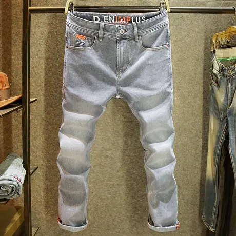 高端潮流刺绣牛仔裤男款弹力修身小脚裤夏季灰色百搭休闲裤子男薄商品大图