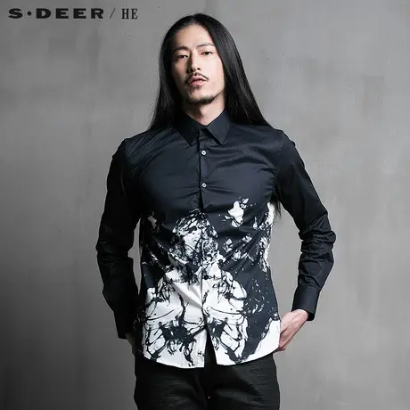 sdeerhe圣迪奥男装2017秋装休闲纯棉抽象花纹长袖衬衫H15170596图片
