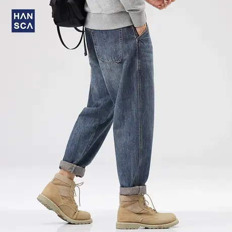 hansca蓝色牛仔裤男春秋季新款青少年复古美式休闲宽松直筒长裤子商品大图