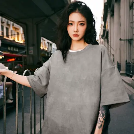 Nuthink重磅街头基础款纯色麂皮短袖T恤 男宽松潮流潮牌半袖夏季图片