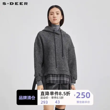 sdeer圣迪奥女装连帽毛呢拼接格纹飘带卫衣S223Z2240图片