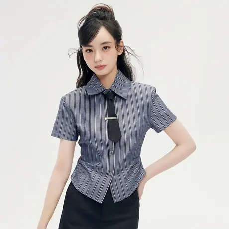 小个子蓝色短袖修身收腰条纹衬衫2024新款女设计感小众短款上衣图片