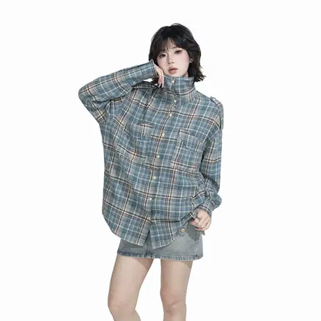 YEP复古设计感格子衬衫女春季2025新款潮牌情侣衬衣宽松街头上衣图片