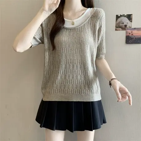 大码法式假两件短袖t恤女夏季新款高级感撞色拼接肌理显瘦针织衫商品大图