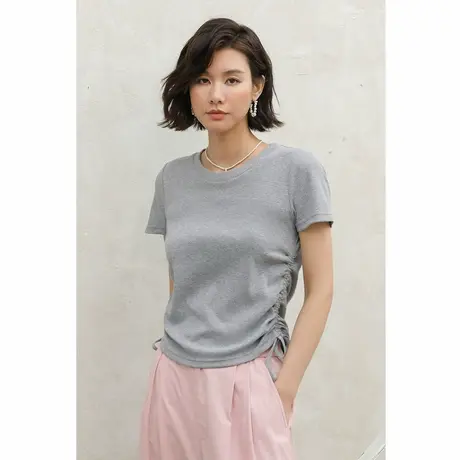 弥古灰色短袖针织t恤女修身休闲设计感抽绳上衣夏季气质休闲女装商品大图