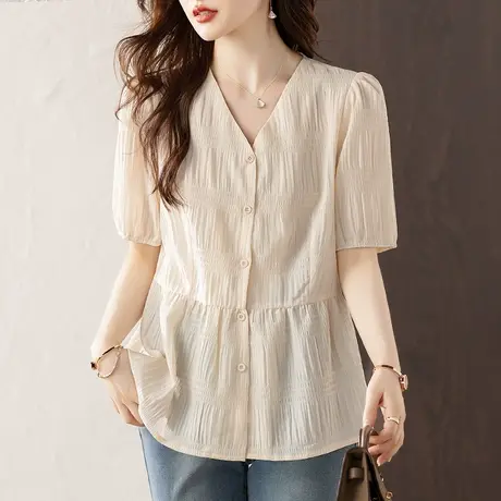 短袖衬衫女夏季新款宽松加肥加大码女装胖MM遮肚百搭显瘦v领衬衣图片