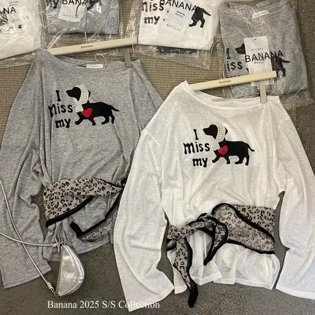 夏季美式时髦狗狗印花薄款防嗮衫斜肩长袖T恤女百搭宽松透气上衣商品大图