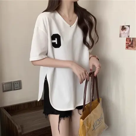 复古chic港味V领短袖T恤女夏季宽松显瘦百搭开叉下摆半袖上衣体恤商品大图