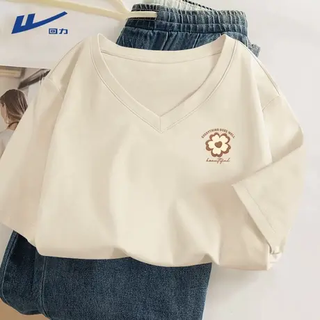 回力v领短袖女冰丝t恤2025新款夏季大码女装宽松显瘦上衣正肩T恤A商品大图