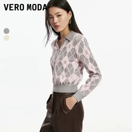 Vero Moda奥莱针织衫女秋冬新款V领菱格短款撞色休闲学院毛衣上衣商品大图