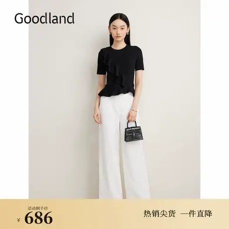 Goodland美地夏季细支双曲纱线荷叶花边细闪毛针织衫图片