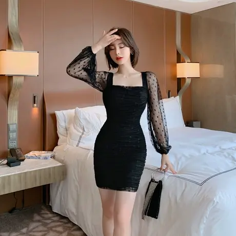 秋天衣服新款网纱包臀裙子性感气质显瘦赫本风法式收腰方领连衣裙商品大图