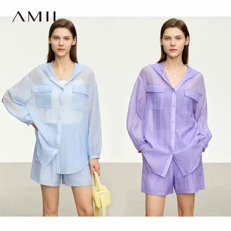Amii2025夏新款连帽落肩袖灯笼袖宽松衬衫女透视皱褶肌理休闲上衣图片