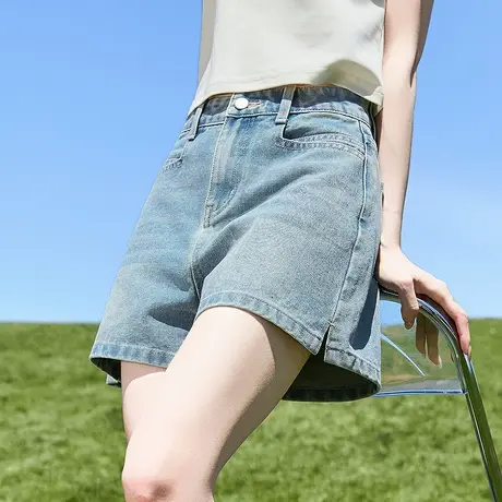唐狮夏季新款牛仔短裤女侧开叉水洗高腰复古设计感A字热裤子女商品大图