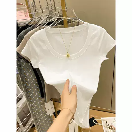 欧货纯棉白色t恤女短袖ins潮夏季新款洋气露锁骨紧身短款上衣体恤图片