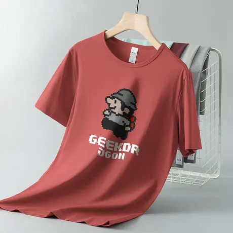 莫代尔短袖t恤男装潮牌像素印花半袖速干上衣服冰丝凉感圆领体恤图片