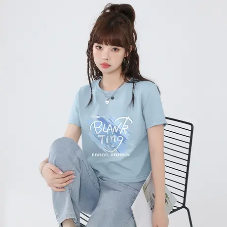 真维斯life蓝色短袖t恤女2024新款爆款夏季纯棉小个子宽松上衣女图片