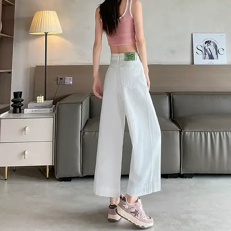 三防天丝白色牛仔裤女夏季薄款高腰宽松小个子八九分直筒阔腿裤子商品大图