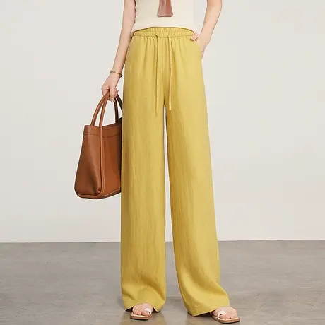 天丝亚麻阔腿裤女2025夏季新款松紧腰垂感宽松显瘦休闲直筒长裤子商品大图