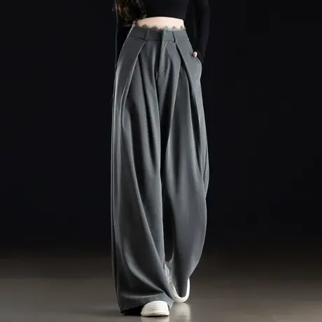 高级感灰色蕾丝西装裤子女2025新款夏季薄款高腰垂感休闲裤阔腿裤商品大图