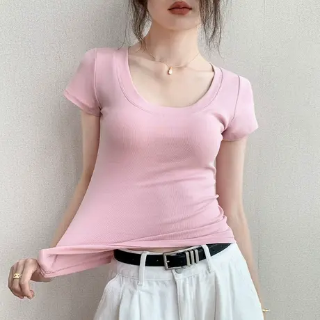 修身短袖t恤女2025夏季新款正肩纯棉收腰显瘦上衣大领口打底衫图片