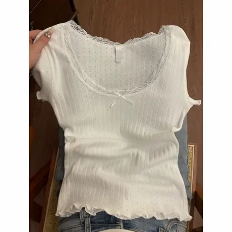 法式纯欲风蕾丝花边短袖T恤女夏季修身韩版打底衫短款小个子上衣图片