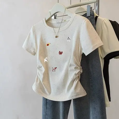 潮流小个子短款减龄收腰t恤女2025新款褶皱修身彩虹波点短袖上衣商品大图