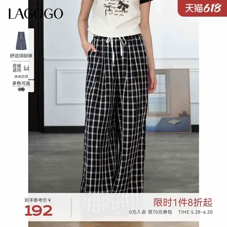 LAGOGO格纹泡泡纱休闲裤女拉谷谷2025春夏新款柔软舒适高腰阔腿裤商品大图