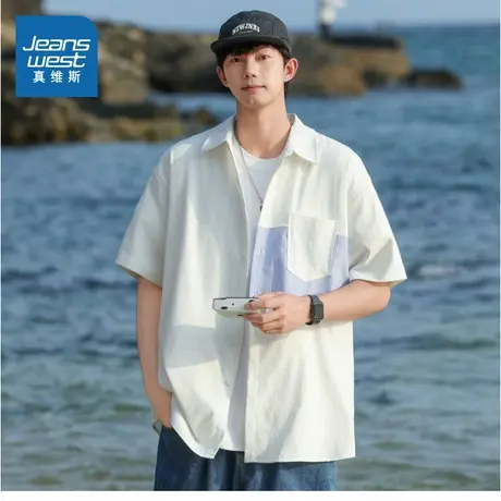 KR真维斯男装2025夏季新款 设计感拼接潮牌宽松薄款短袖衬衫上衣商品大图