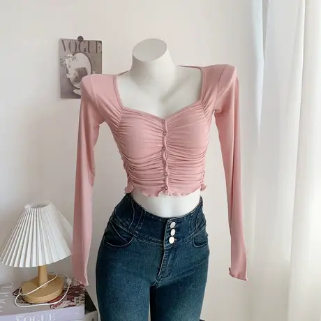 2023春夏洋气辣妹显身材短款上衣女直角肩方领皱褶长袖纯欲T恤图片