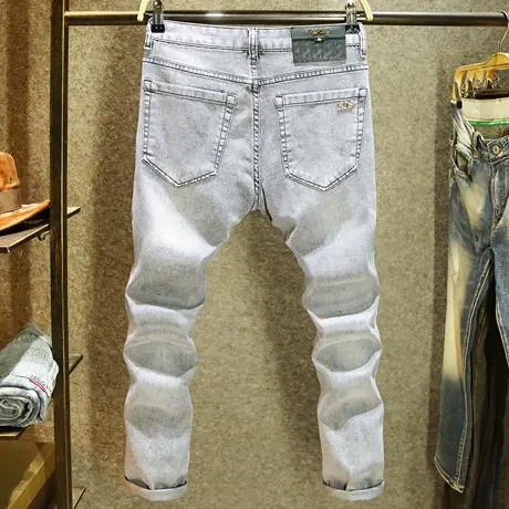 高端浅灰色轻奢牛仔裤男款小脚修身弹力裤子夏季欧货潮流时尚长裤商品大图