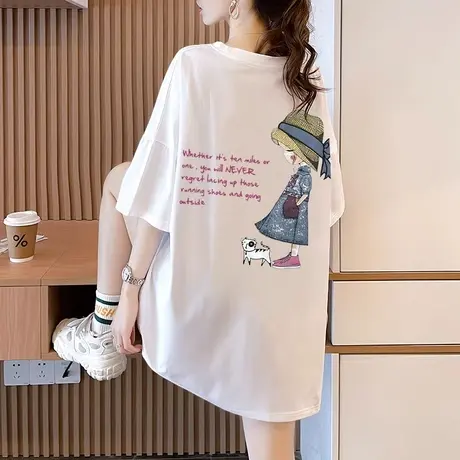 白色纯棉短袖t恤女2023新款大码中长款宽松显瘦胖mm半袖夏季上衣商品大图
